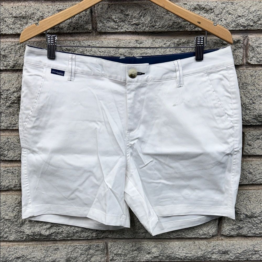 Columbia PFG White Shorts with Navy Logo Tag